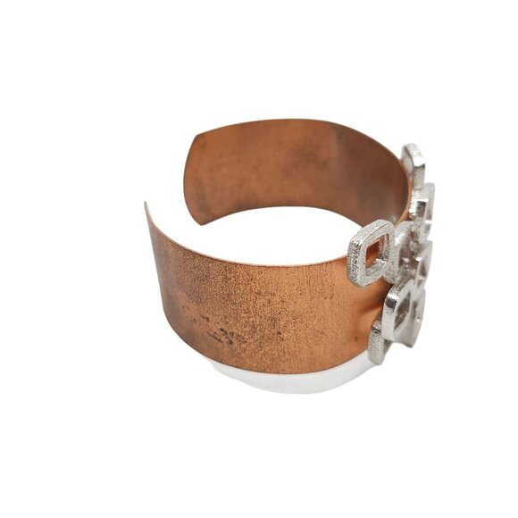 Copper Silver Tone Geometric Detail Wide Cuff Bangle Bracelet Vintage - Picture 2 of 7